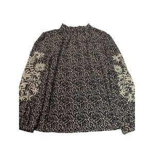 Tribal Med Cheetah Print‎ Blouse Mock Neck Faux Button Back Embroidered Sleeves